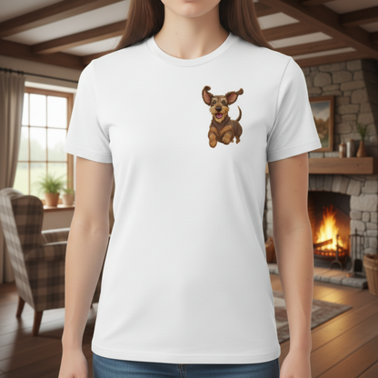 Koszulka Unisex Jamnik Drops Odkrywca - Przygodowy Pies | PyraWBrylach