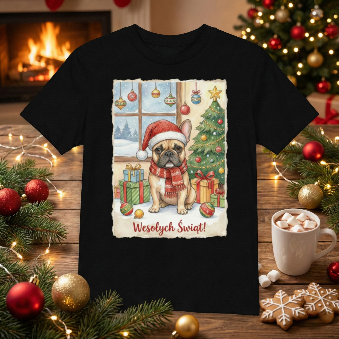 Dziecięca Koszulka Unisex "Świąteczny Buldog francuski"|PyraWBrylach