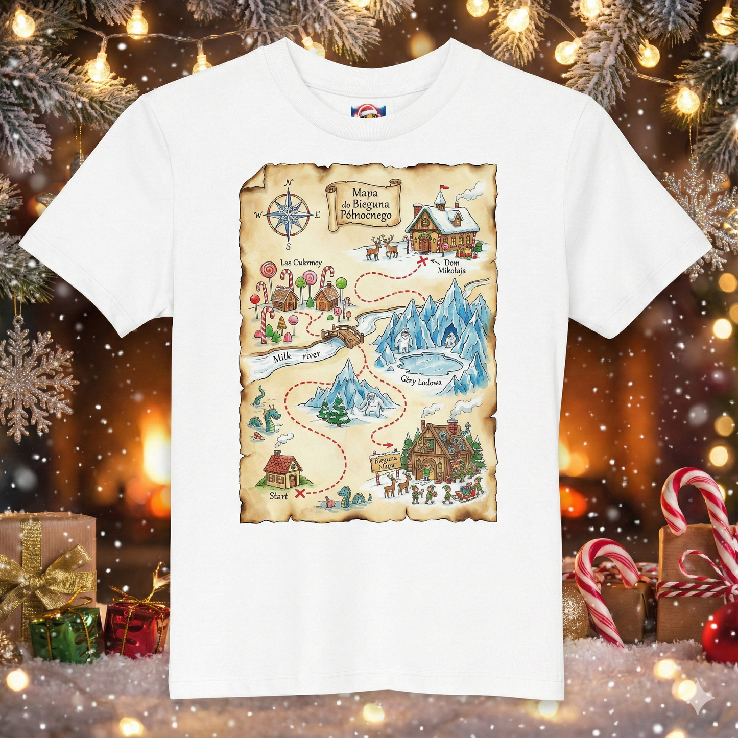 Świąteczna Dziecięca Koszulka Unisex "Mapa do Bieguna Północnego"