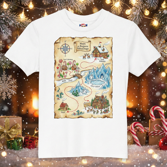 Świąteczna Dziecięca Koszulka Unisex "Mapa do Bieguna Północnego"
