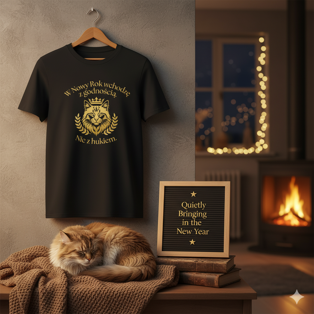 Koszulka Unisex "W Nowy Rok wchodzę z godnością."- Kot|PyraWBrylach