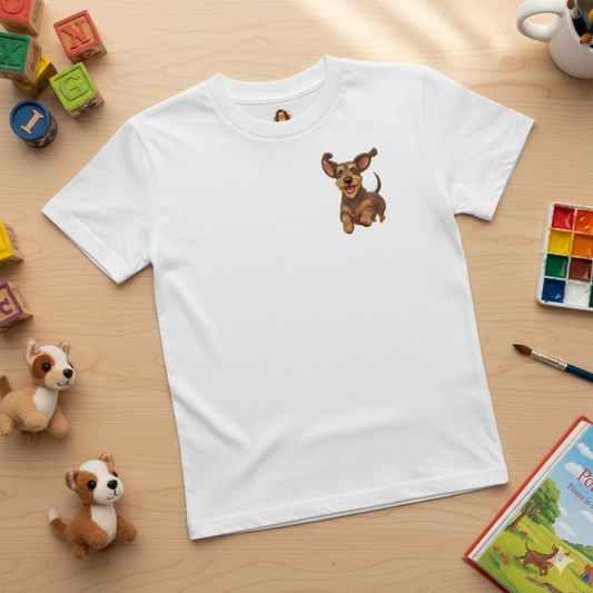 Koszulka Dziecięca z Goniącym Jamnikiem - Szybki Pies | PyraWBrylach