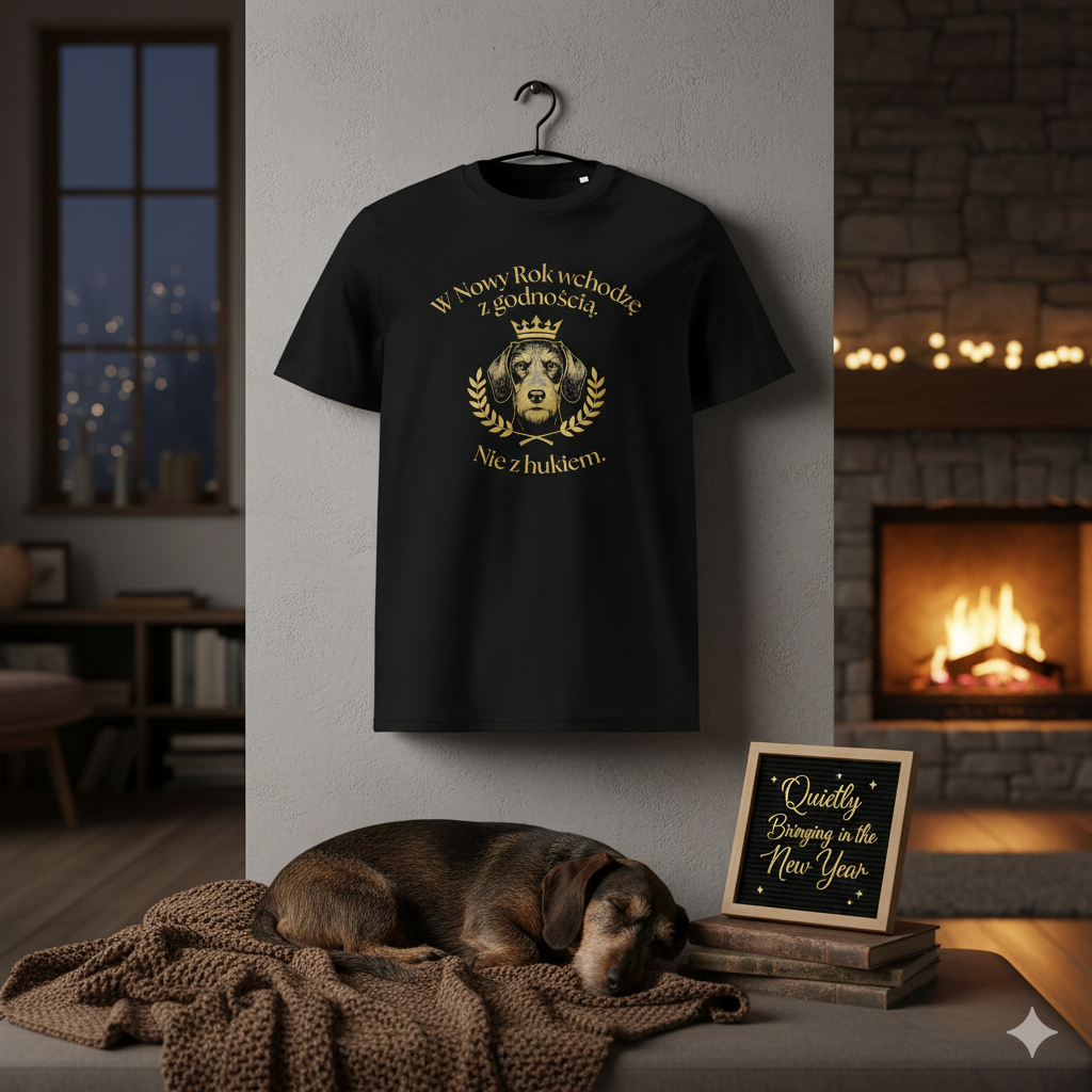 Koszulka Unisex "W Nowy Rok wchodzę z godnością."- Jamnik|PyraWBrylach