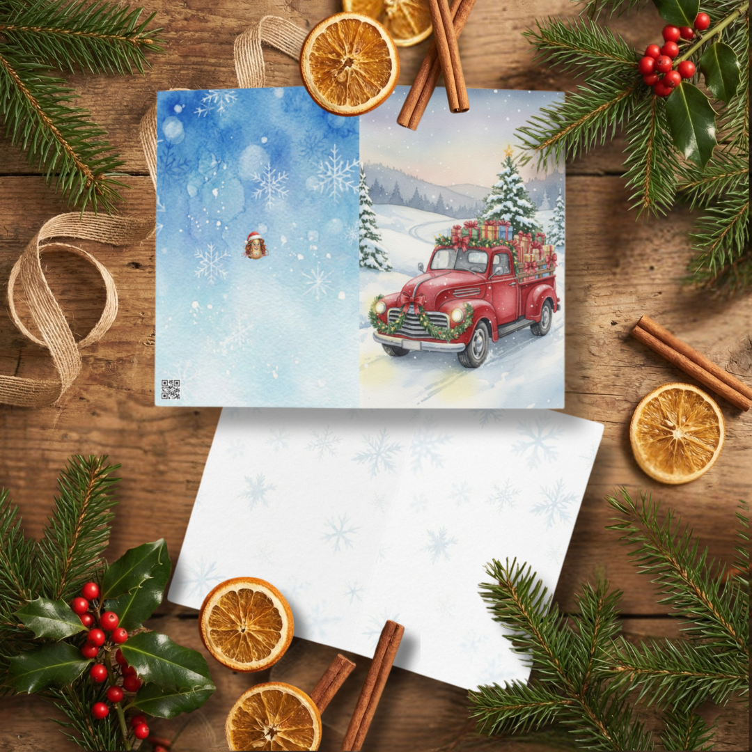 Kartka świąteczna- Świąteczny czrwony samochód|PyraWBrylach