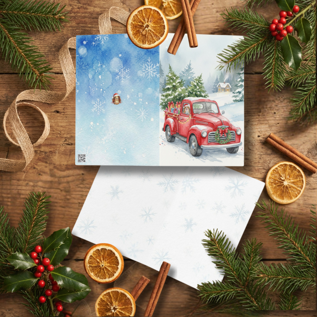 Kartka świąteczna- Świąteczny czrwony samochód|PyraWBrylach